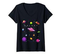 Femme Colorful Space Planets Galaxy Graphic Design Shot Sleeve T-Shirt avec Col en V