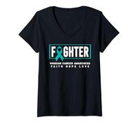 Femme Combattant Contre Le Cancer de l'ovaire - Bleu Sarcelle, Sensibilisation au Cancer de l'ovaire T-Shirt avec Col en V