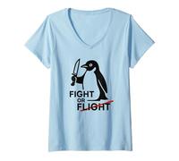 Femme Combattez ou volez un pingouin mignon avec un couteau avec dicton amusant graphique T-Shirt avec Col en V