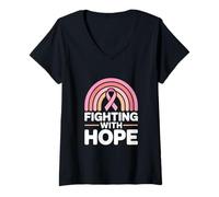 Femme Combattre avec l'espoir de Sensibilisation au Cancer du Sein T-Shirt avec Col en V