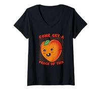 Femme Come Get Peach Jeu de Mots rétro Kawaii Fruits T-Shirt avec Col en V
