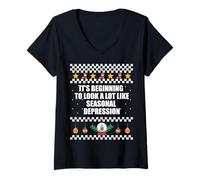Femme COMMENCANT À Regarder À LA DÉPRESSION Ugly Xmas Sweater Meme T-Shirt avec Col en V