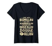 Femme Commencez par Bismillah Terminez avec Alhamdulillah Muslim Islamic T-Shirt avec Col en V