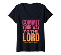 Femme Commit Your Way to The Lord Psaum 37:5 Verse biblique T-Shirt avec Col en V