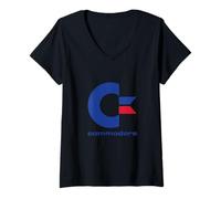 Femme Commodore - C64 - Lettre Majuscule Bleu/Rouge & Commodore T-Shirt avec Col en V