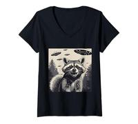 Femme Conception curieuse de Rencontre d'OVNI de Raton Laveur T-Shirt avec Col en V