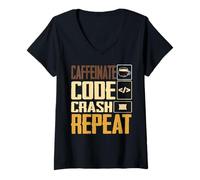 Femme Conception de boucle Crash Repeat avec code contenant de la caféine T-Shirt avec Col en V