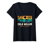 Femme Conception de Coucher de Soleil sur la Plage de Cala Millor sur la côte est de Majorque T-Shirt avec Col en V