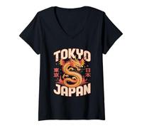 Femme Conception de la Ligne d'horizon Urbaine du Dragon Japonais de Tokyo T-Shirt avec Col en V