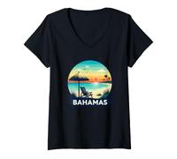 Femme Conception de Voyage sur Une île Tropicale au Coucher du Soleil aux Bahamas T-Shirt avec Col en V