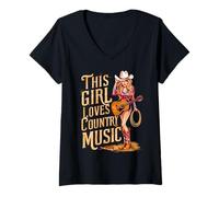 Femme Concert de Cowgirl Western pour Femme avec Inscription « This Girl Loves Country Music » T-Shirt avec Col en V