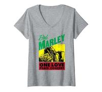 Femme Concert Officiel Bob Marley One Love Peace T-Shirt avec Col en V, Gris Chiné, S