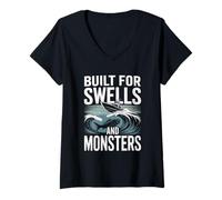 Femme Conçu pour la pêche Estivale en Eau salée et houles et Monstres T-Shirt avec Col en V