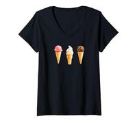 Femme Cônes de crème glacée - Fraise, Vanille, Chocolat trempés T-Shirt avec Col en V