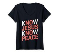 Femme Connaître Jésus Connaître la Paix Religion Dieu Église Christianisme T-Shirt avec Col en V