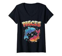 Femme Constellation Poissons Signe du Zodiaque Graffiti Double Poisson T-Shirt avec Col en V