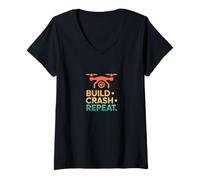 Femme Construction rétro Crash Repeat Drone Life T-Shirt avec Col en V