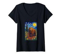 Femme Cool Bear in The Starry Night Painting Concept Graphic Art T-Shirt avec Col en V