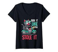 Femme Cool Biker Cat Ride Like You Stole It Funny Motorcycle Citation T-Shirt avec Col en V