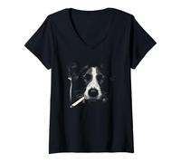 Femme Cool Border Collie fumant Un Chien Cigarette T-Shirt avec Col en V