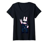Femme Cool Bunny Police Rabbit Rock on Animal Graphic Officer T-Shirt avec Col en V
