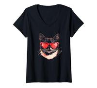 Femme Cool Cat loves Heart Shape Lunettes de soleil Costume T-Shirt avec Col en V