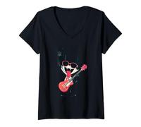Femme Cool Cat Rock Music Guitarist Design rétro T-Shirt avec Col en V