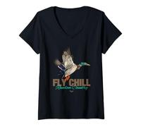 Femme Cool Colorful Mallard Duck Fly Chill Random Country Graphic T-Shirt avec Col en V