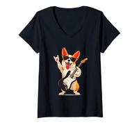 Femme Cool Corgi Rock Music Lover Funny Graphic Playful Trippy T-Shirt avec Col en V