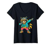 Femme Cool Cousin Club Retro Raccoon Dab Fun Vibes T-Shirt avec Col en V