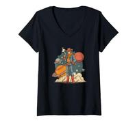 Femme Cool Cowboy dans l'espace avec des planètes Graphique T-Shirt avec Col en V