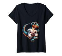 Femme Cool Dino Karate Avec Lunettes Sombres T-Shirt avec Col en V