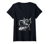 Femme Cool Doberman tirant la Langue dans Un Visage de défi ludique T-Shirt avec Col en V