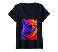 Femme Cool Fox avec Lunettes de Soleil écharpe rétro Hiver Animal Hipster T-Shirt avec Col en V