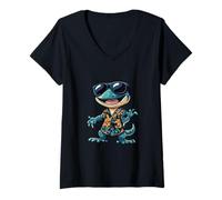 Femme Cool Gecko Summer Vibes Bande dessinée T-Shirt avec Col en V
