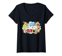 Femme Cool London Doodles Graphic Animes, London Graffiti Colors T-Shirt avec Col en V