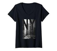 Femme Cool New York City Abstract Skyline, Black & White New York T-Shirt avec Col en V