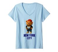 Femme Cool New York City Teddy Bear Illustration Graphic Designs T-Shirt avec Col en V