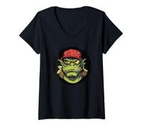 Femme Cool Ogre Visage avec casquette et lunettes de soleil T-Shirt avec Col en V