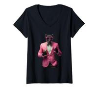 Femme Cool Panther en costume rose avec lunettes de soleil T-Shirt avec Col en V