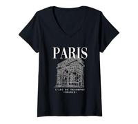 Femme Cool Paris Arc de Triomphe Line Art Illustration Graphic T-Shirt avec Col en V