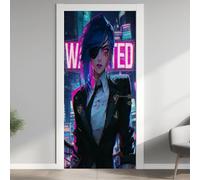 Femme Cool Poster De Porte Trompe L'oeil, Néon Futuriste Auto-Adhésif Sticker Mural Porte, pour Chambre Salon Cuisine Cyberpunk Stickers Autocollants de Porte 85x215 cm
