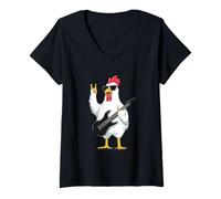 Femme Cool Rock Chicken, Motif Animalier Amusant pour Guitariste T-Shirt avec Col en V
