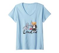 Femme Cool Sketch Drawing London Skyline with Teddy Bear Graphic T-Shirt avec Col en V