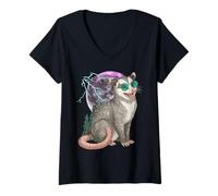 Femme Cool Space Possum Sunglasses Galaxy Lightning Opossum T-Shirt avec Col en V
