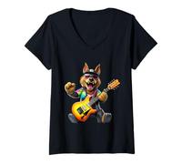 Femme Cool Wolf Rock Guitar Player Musicien Animal Lover T-Shirt avec Col en V