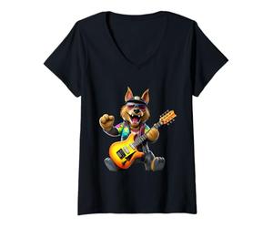 Femme Cool Wolf Rock Guitar Player Musicien Animal Lover T-Shirt avec Col en V