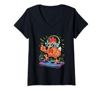 Femme Coq Dj Cool Poulet Musique Remix T-Shirt avec Col en V