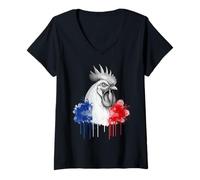 Femme Coq Français Graphique France Drapeau Couleurs Pays Fier T-Shirt avec Col en V