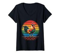 Femme Coq rétro coucher de soleil - Coq vintage cool poulet T-Shirt avec Col en V